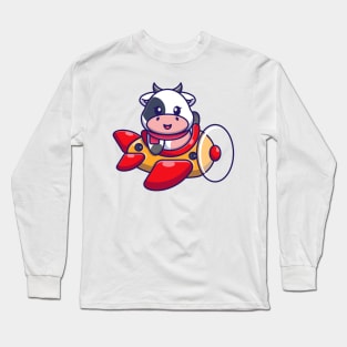 Cute baby cow driving plane cartoon Long Sleeve T-Shirt